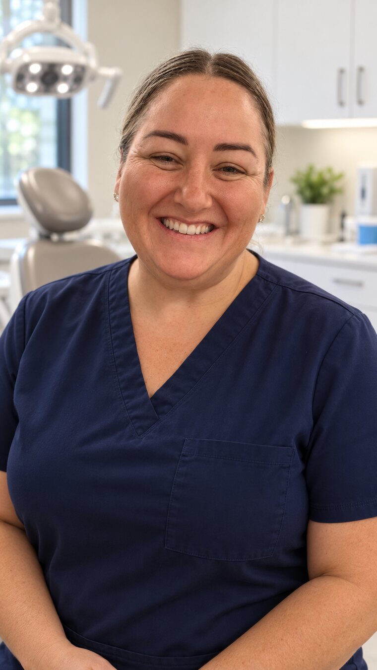 Anna, a registered dental hygienist, smiling in a dental operatory