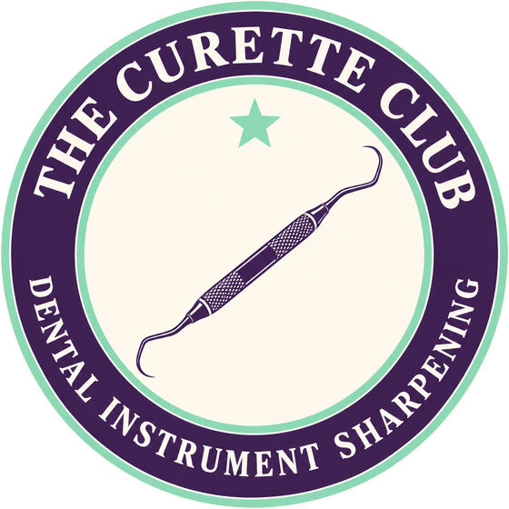 The Curette Club logo: a round plum and mint membership seal with a curette and a star, reading The Curette Club, Dental Instrument Sharpening
